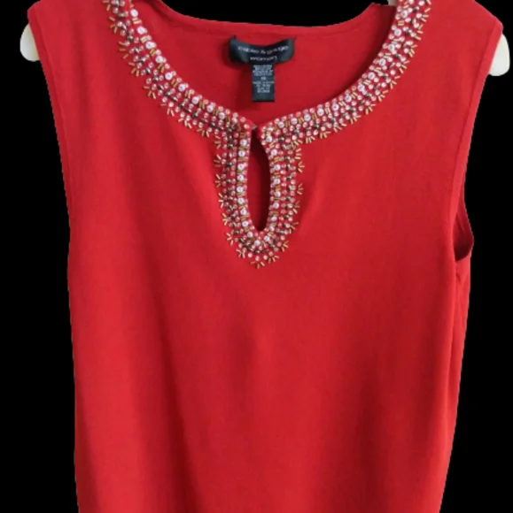 Cable & Gauge Top Red Beaded  Keyhole Sequin Trim Sleeveless Women size 1X - Picture 7 of 15